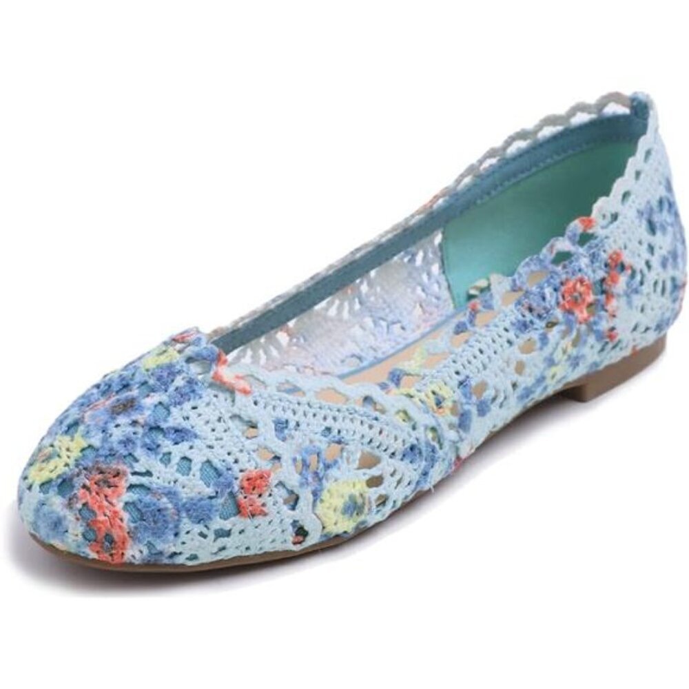 Women's Comfort Blue Flower Knit Crochet Ballet Flats Lace Shoes Breathable